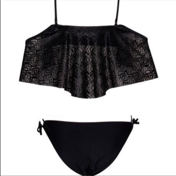 Black Off the Shoulder Lace Ruffle Bikini - Picture 3 of 5